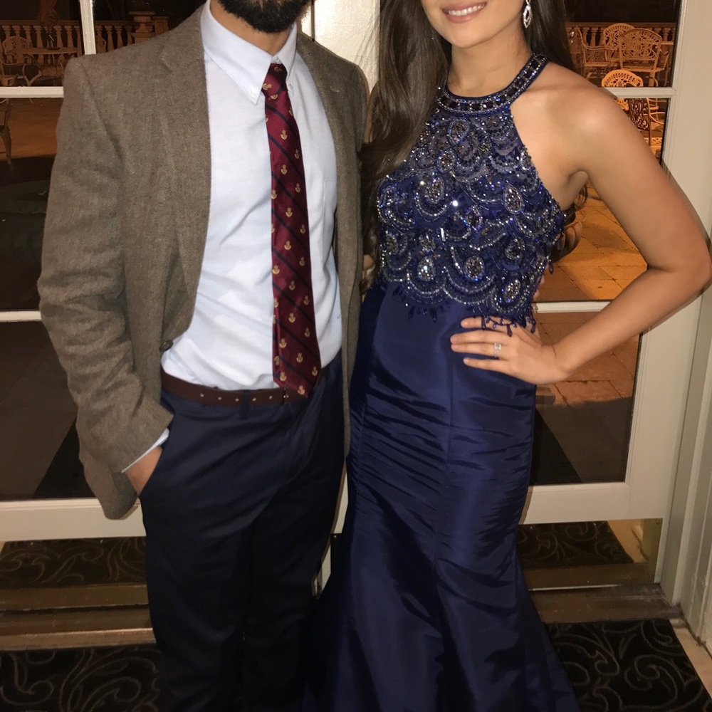 navy blue halter neck mermaid gown